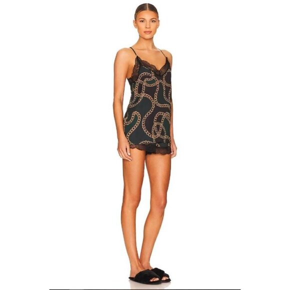 Plush Chain Link Cami Lace Trim Pajama Set Black & Green Womens Size XS - Picture 2 of 7